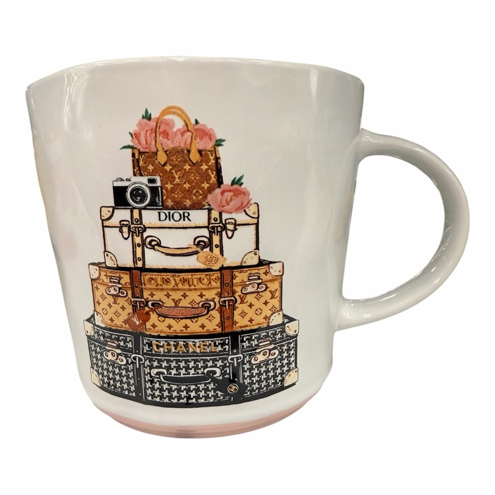Designer Travel Themed Stacked Luggage with Luxury Logos Mug, LV, Chanel & Dior - Picture 2 of 4